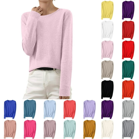 Aobny Fashion Tops for Woman Sweater White Solid Long Sleeve Crew Neck Knitted Pullover Juniors Tops Elegant