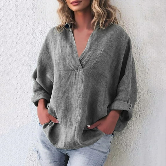 Aobny Fashion Women's Solid V-neck Casual Pullover Long Sleeved Pocket Top,Gray,XXXXXL