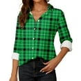 thumbnail image 1 of Aobny Fashion Womens Shirts Formal Green Button Down V-Neck Long Sleeve Plaid Blouse Juniors Shirts, 1 of 5