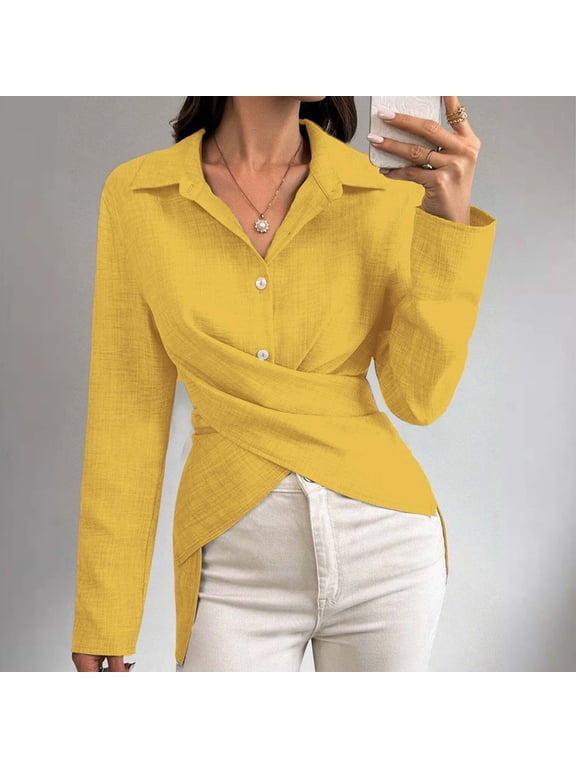 Fashion Womens Shirts Yellow Formal V-Neck Wrap Solid Long Sleeve Blouse Juniors Tops Fall