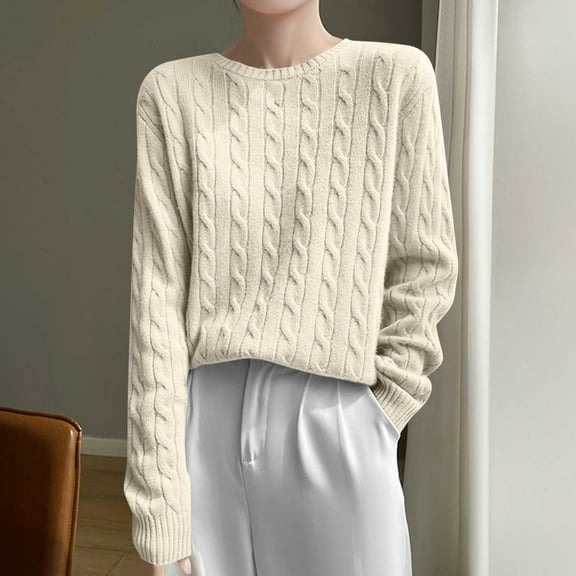 Aobny Fashion Womens Sweaters Beige Cotton Long Sleeve Crew Neck Cable Knit Pullover Everyday Juniors Loungewear