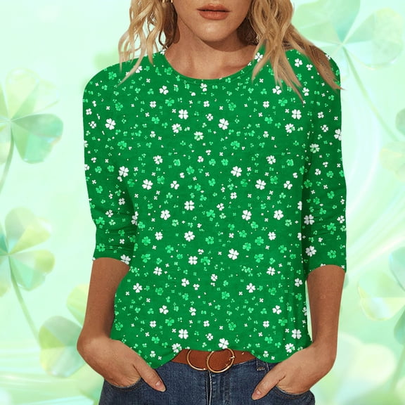 Aobny Festival Holiday Blouse St Patrick's Womens Blouse 3/4 Sleeve Crew Neck Green Pullover Blouse for Women,L