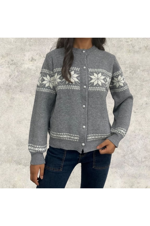 Fitted Sweaters for Women Gray Fair Isle Crew Neck Long Sleeve Graphic Button Up Cardigan Tops for Junior Work