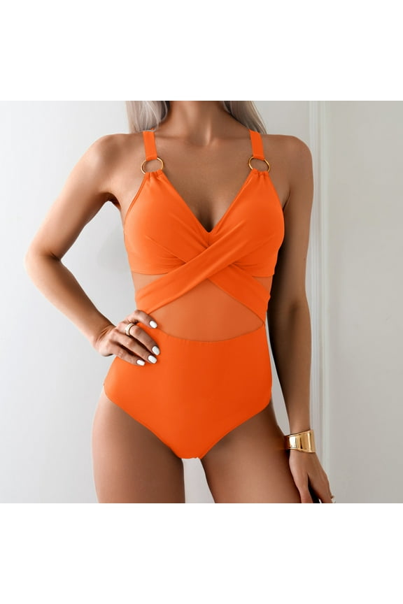 Fitted Women's Onesie Swimsuits Orange Long Torso Sheer Bodysuits Briefs Monokini Adults Swimwear Sets,M