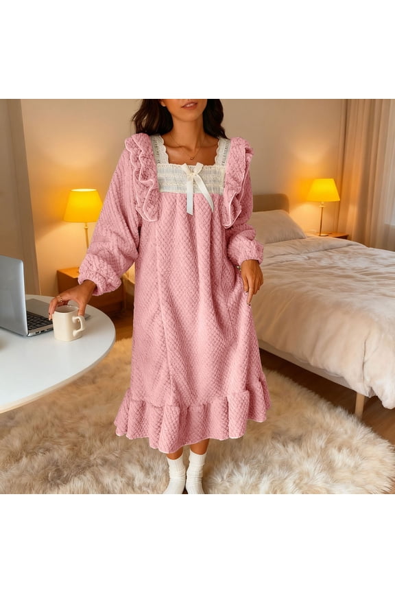 Flannel Sleep Dress Moomoo Women Long Night Shirt Pink Long Sleeve Square Neck Pajamas Christmas,M