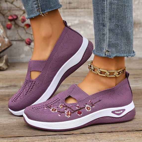 Aobny Flatform Womans Shoes Walking Shoes Woven Orthopedic Breathable Soft Shoes Creepers Shoes Slip-On Flat Heel Round Toe Orthopedic Purple Casual Shoes for Women,Size 38