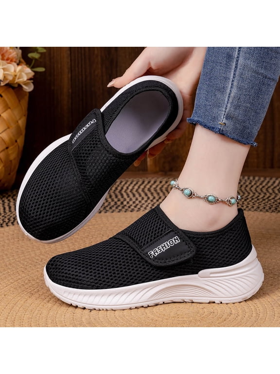 Flatform Womens Shoes Creepers Easy Spirit Shoes Mesh Shoes Walking Shoes Shoes Shock Absorption Flat Heel Black Hook & Loop Round Toe Casual Shoes for Women,Size 41