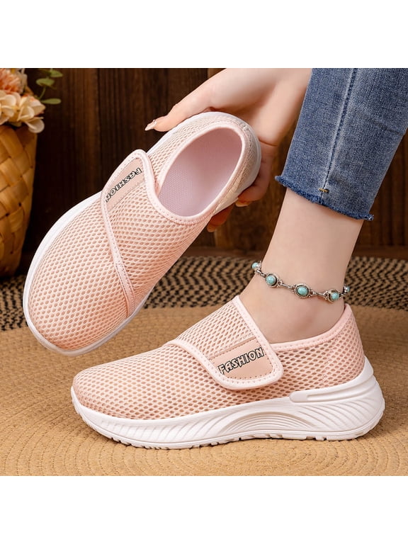 Flatform Womens Shoes Mesh Shoes Walking Shoes Creepers Easy Spirit Shoes Shoe Flat Heel Hook & Loop Pink Round Toe Shock Absorption Womens Summer Shoes,Size 36