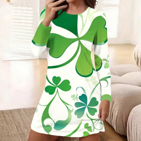 Aobny Floral Moomoo Nightgown St.Patrick's Women Night Shirts Crew Neck Long Sleeve Green Short Matching Pajamas,XL
