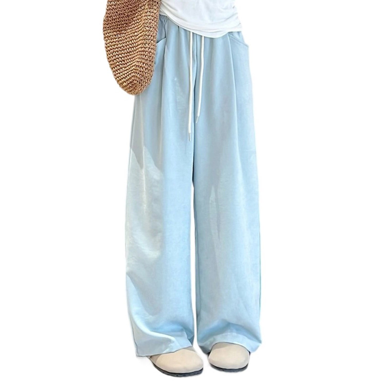 Aobny Flowy Beach Pants for Women Blue Chambray Baggy Pants High ...