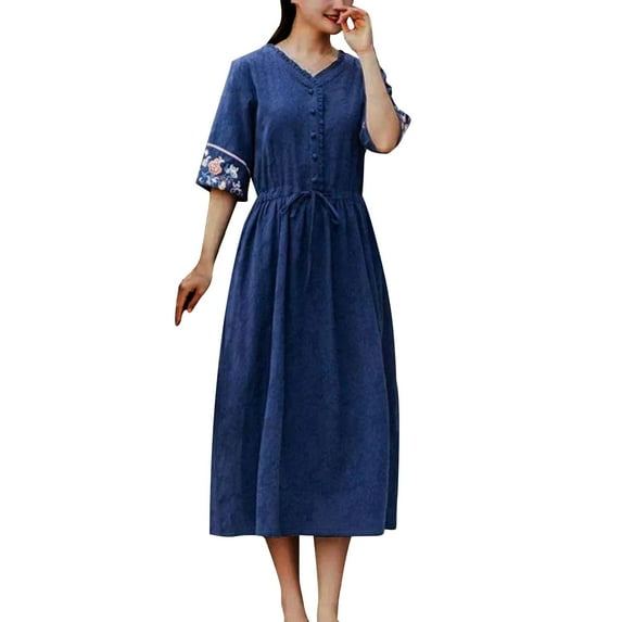 Aobny Flowy Womens Summer Dresses Modest Blue T-Shirt Midi 3/4 Sleeve Embroidered V-Neck Womans Dresses