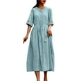 thumbnail image 1 of Aobny Flowy Womens Summer Dresses Modest Blue T-Shirt Midi 3/4 Sleeve V-Neck Embroidered Dresses for Women Casual, 1 of 5