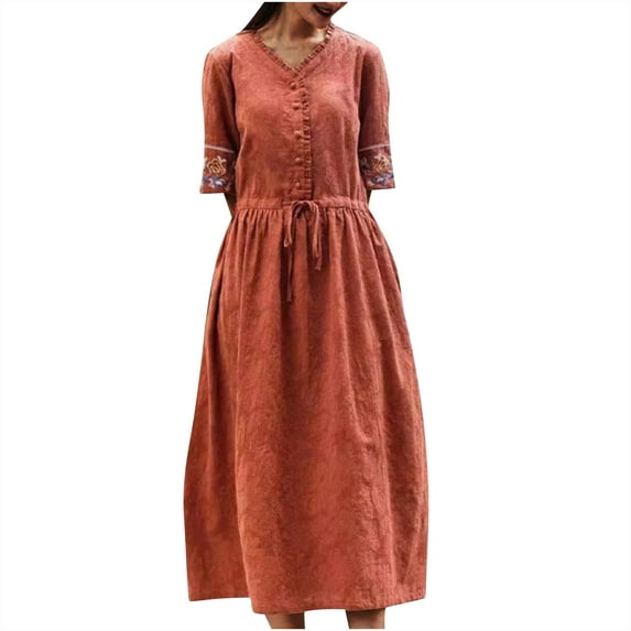 Aobny Flowy Womens Summer Dresses Modest Orange T-Shirt Embroidered V-Neck 3/4 Sleeve Midi Vintage Dresses