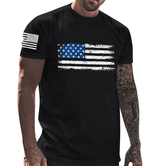 Aobny Fourth of July T Shirts for Man Cotton Tshirts High Neck Short Sleeve Muscle Big & Tall T Shirt Men,Black,L