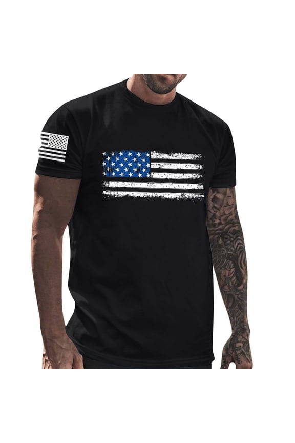 Fourth of July T Shirts for Man Cotton Tshirts High Neck Short Sleeve Muscle Big & Tall T Shirt Men,Black,L