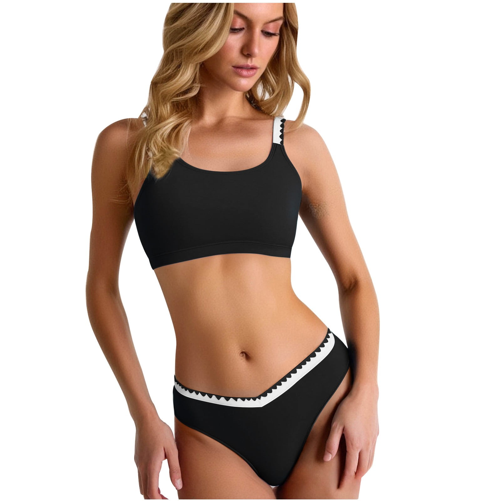 Aobny Full Coverage Swimsuit Color Block Black Women's Swimwear Sets ...