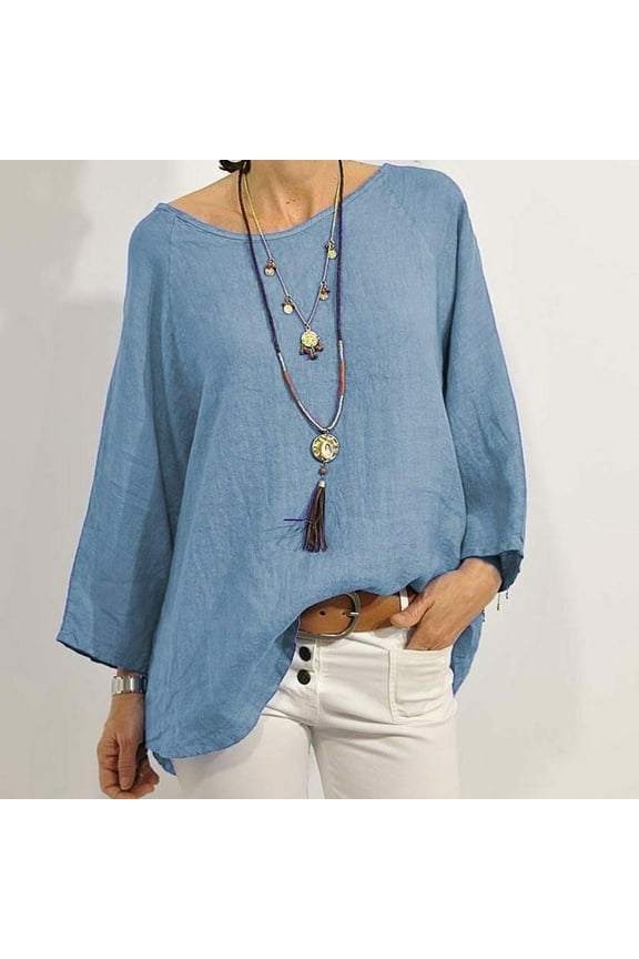 Gauze Women Blouses Plus Size Blue Blouses & Tops Long Sleeve Blouse Boat Neck T Shirts,L