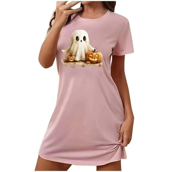 Aobny Ghost Mumu Nightgown Cute Pink Women Nightgowns Short Sleeve Crew Neck Short House Dress for Women,S