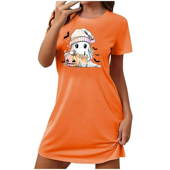 Aobny Ghost Mumu Nightgown Orange Women Cute House Dresses Short Sleeve Crew Neck Short Pajamas,M