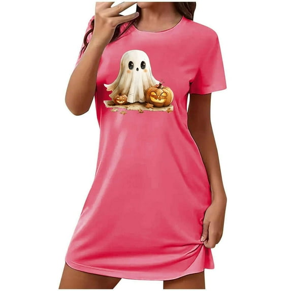 Aobny Ghost Night Gown for Women Soft Comfy Pink Cute Nightgowns Short Sleeve Short Crew Neck Sexy Nightgown,XL