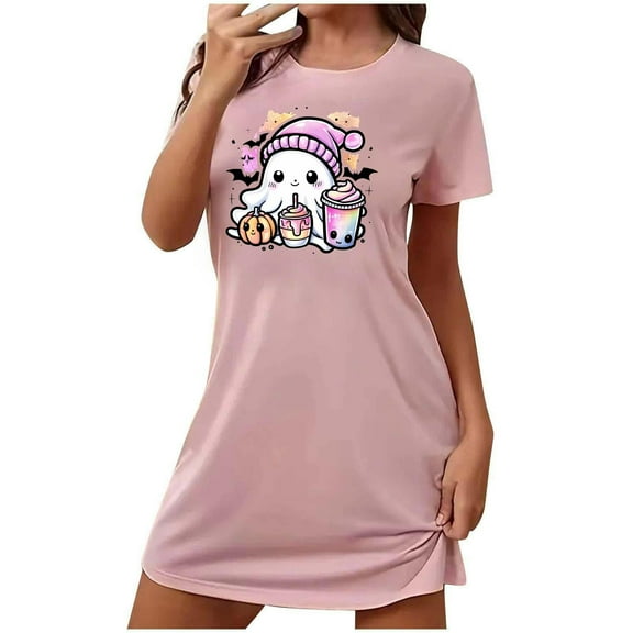 Aobny Ghost Women’S Pajamas Pink Cute Night Gowns Short Crew Neck Short Sleeve Nightgowns for Women Sexy,S
