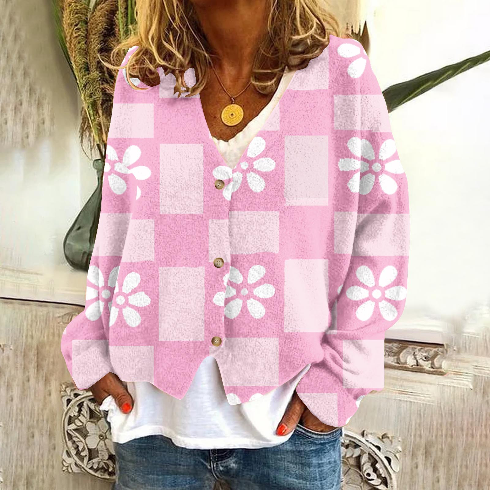 Aobny Going Out Jackets for Women Fleece Pink Cardigan Long Sleeve