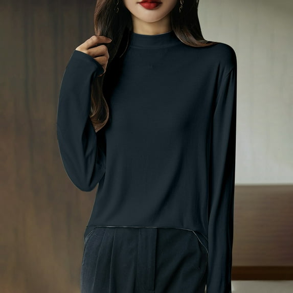 Aobny Women's Solid Color Long Sleeved Round Neck Knitted Sweater Thin,Black,M