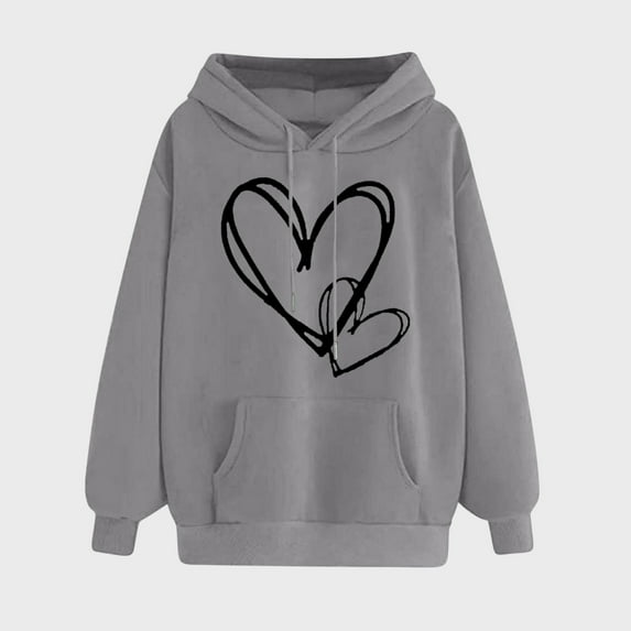 Aobny Going Out Womens Sweatshirts Cute Gray Long Sleeve Hoodies Heart Hooded Womans Blouses Trendy