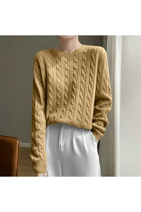 Gold Pretty Womens Sweaters Cotton Crew Neck Cable Knit Long Sleeve Pullover Going Out Juniors Sweaters Streetwear