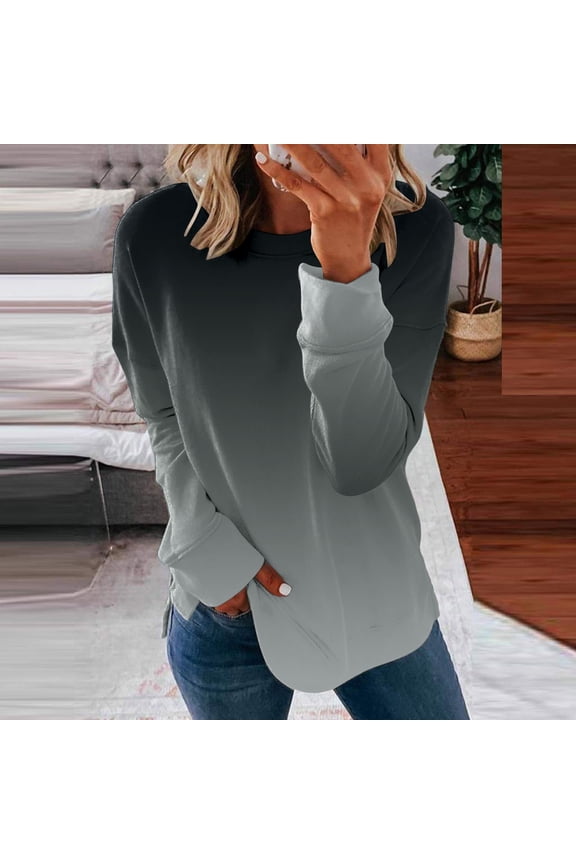 Gradient T Shirts Women Casual Tunic T Shirts Crew Neck Long Sleeve Black Women Tshirts,M