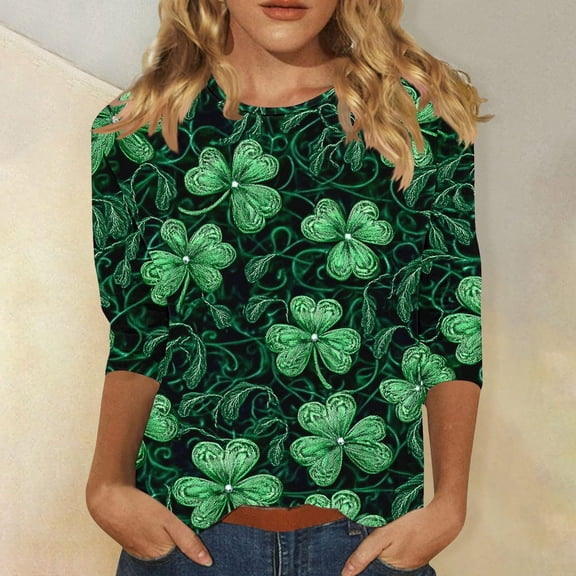 Aobny Grandma Shirt Loose Fit Clovers Womens T Shirt Crew Neck 3/4 Sleeve Pullover Green Fall Tops for Women,L