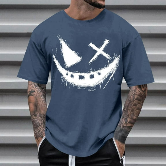 Aobny Graphic Big and Tall T Shirts for Men Blue Oversized Short Sleeve T Shirt Crew Neck Anime Pullover Mens Tshirts ,S