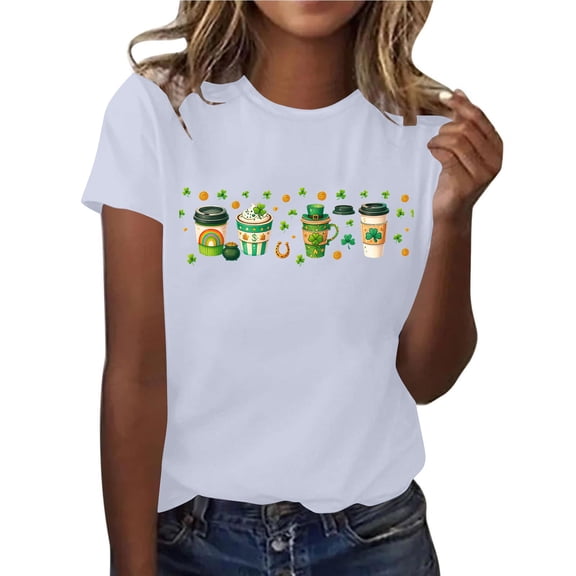 Aobny Graphic Shirts Clovers St Patrick's Womens Tops Pullover Short Sleeve White Crew Neck Fall Shirts for Women,S