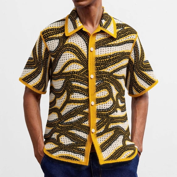Aobny Graphic Shirts for Men Knitted Button Up T-Shirts Big & Tall Short Sleeve Collared Polos Tshirts,L