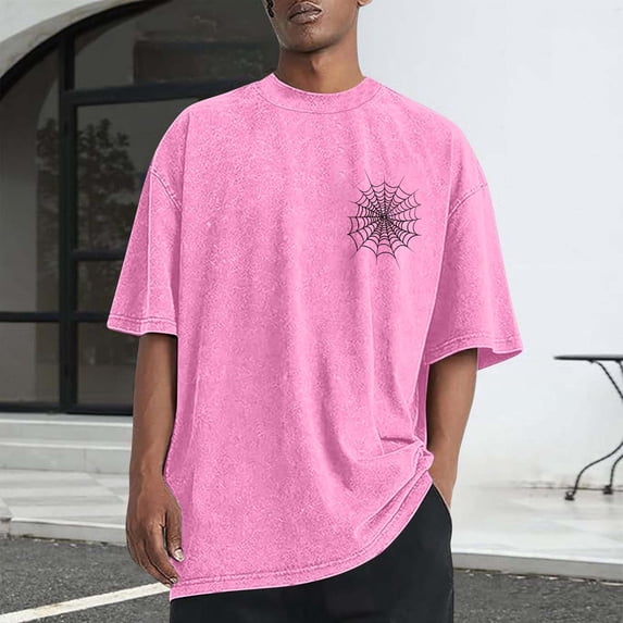 Aobny Graphic Tshirt for Men Cotton Baggy Shirt Big & Tall Short Sleeve High Neck Tshirt,Pink,M