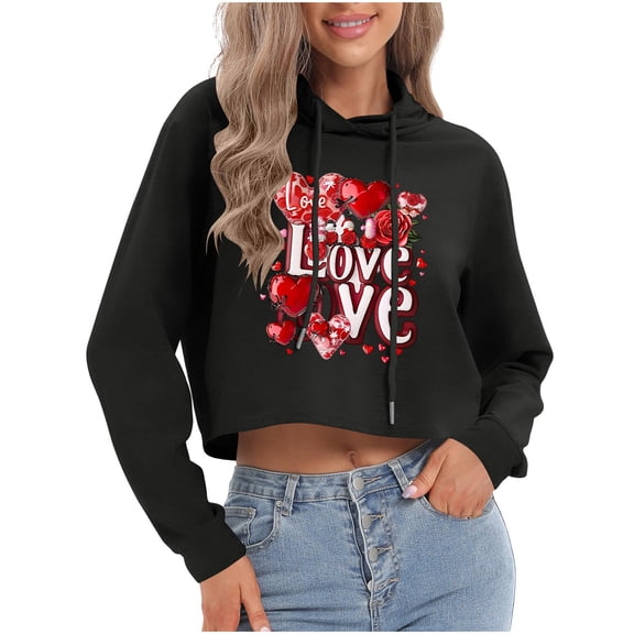 Aobny Graphic Winter Shirts for Women Valentine T-shirt Black Crop Long Sleeve Hooded Going Out Tops for Women,L