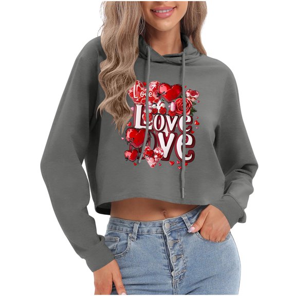 Aobny Graphic Womens Shirts Trendy Valentine Tshirt Long Sleeve Crop Hooded Gray Teacher Shirts,XXL