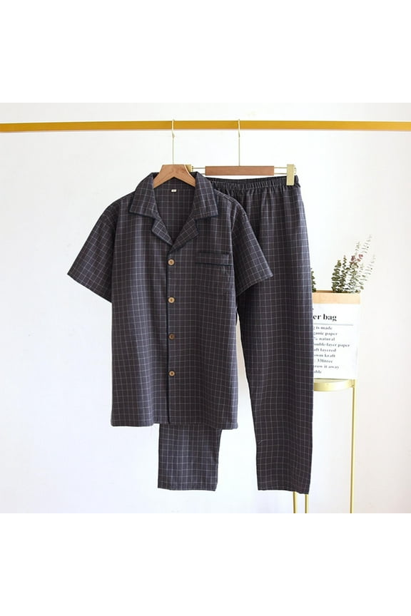 Gray Fancy Men's Pajamas Button Up Cotton Sleepwear Sets Long Collared Short Sleeve Plaid Adults Pjs Trendy