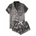 thumbnail image 1 of Aobny Gray Pj Sets for Women Satin Plus Petite Pajama Short Collared Loose Short Sleeve Fall Outfit,XL, 1 of 7