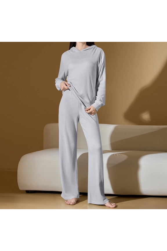 Gray Soft Womens Pjs Set Sleepwear 2 Piece Solid Cooling Hoodies & Pants Juniors Pjs Set Comfy