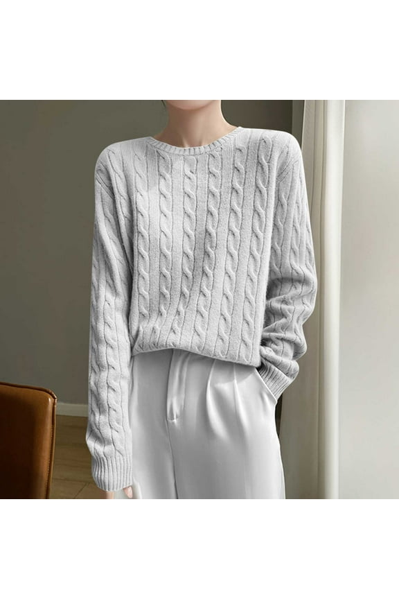 Gray Spring Womens Sweaters Cotton Cable Knit Crew Neck Long Sleeve Pullover Fancy Juniors Sweaters Workwear