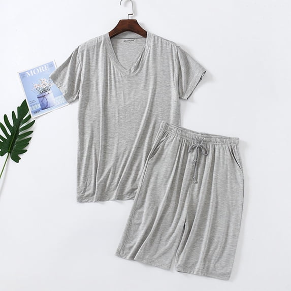 Aobny Gray Trendy Men's Pajamas Modal 2 Piece Sleepwear Sets Solid Short Sleeve Short V-Neck Pjs for Adult Lounge
