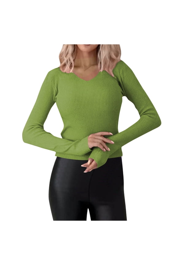 Green Blouses for Women Cotton V-Neck Long Sleeve Ribbed Clothes Beach Tops,M