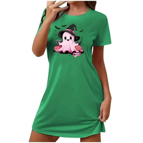 Aobny Green Fall Pajamas Women Ghost Cute Chemise Short Sleeve Crew Neck Short Matching Pajamas,XL