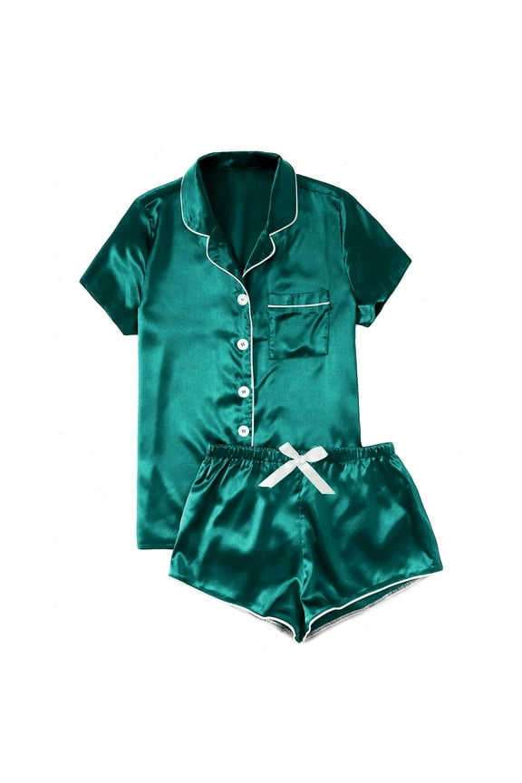 Green Sleep Women's Pajamas Trendy Silk Sleepwear Sets Satin Wide-Leg Collared Juniors Pjs