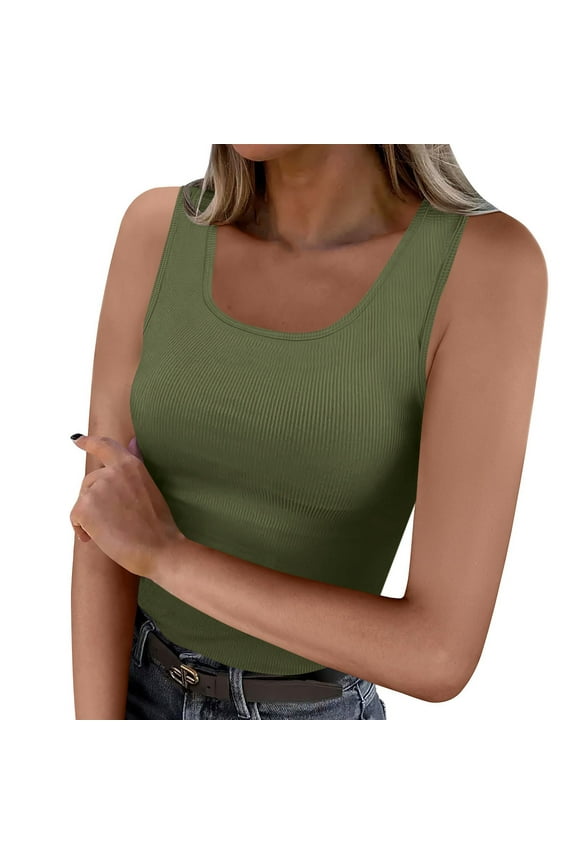 Green Trendy Casual Women's Tank Tops Ribbed Basic Tops Crew Neck Solid Muscle Blouses for Adult