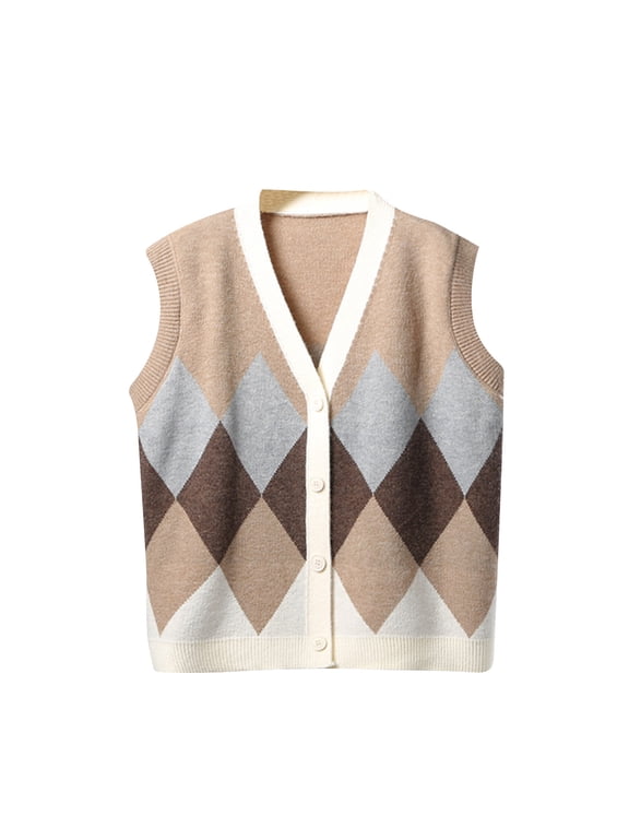 Green Trendy Sweaters for Women Sweater Vest Argyle Sleeveless Button Up V-Neck Cardigan Ladies Tops Cute