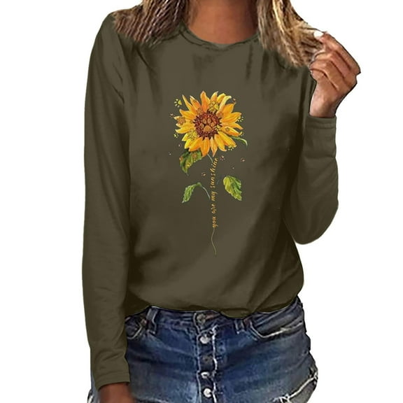 Aobny Green Women's Leisure T-Shirt Work Flowy Tees Long Sleeve Sunflower Crew Neck T-shirts for Junior