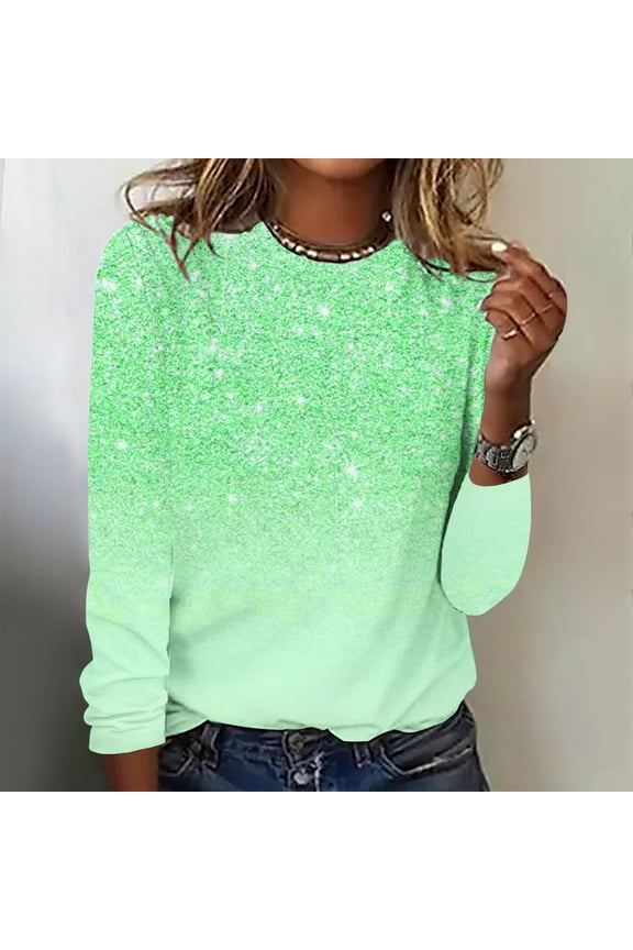 Green Women's Streetwear Blouse Sparkly Trendy Clothes Crew Neck Long Sleeve Blouses for Junior