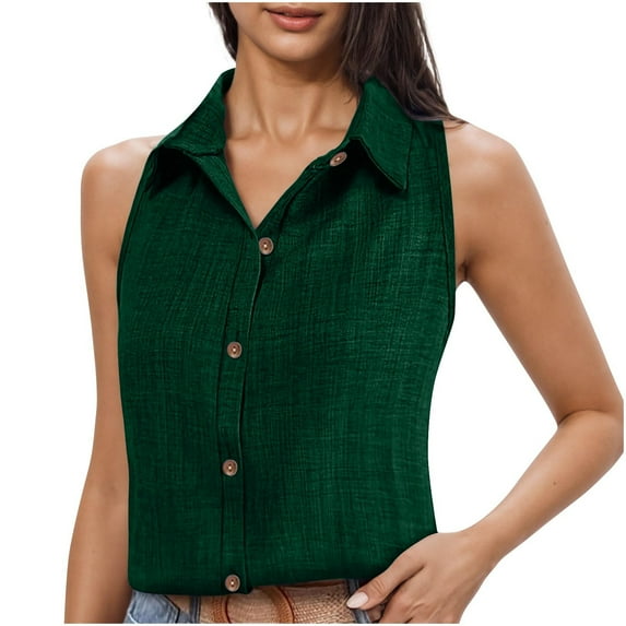 Aobny Green Womens Tops Trendy Sleeveless Collared Button Up Cotton Linen Clothes Blouse Hiking Shirt,XXL